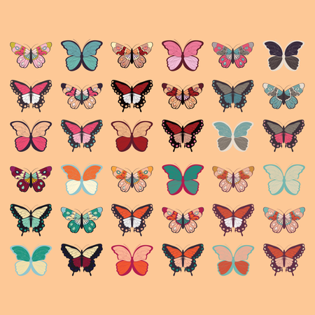 Coleção de trinta e seis borboletas coloridas desenhadas à mão, fundo laranja  Ilustração