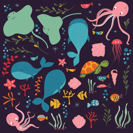 Colección de coloridos animales marinos y oceánicos, ballenas, pulpos, rayas, medusas, tortugas y corales.  Ilustración
