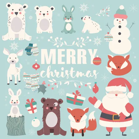 Colección de animales navideños, letras y Papá Noel, Feliz Navidad.  Ilustración