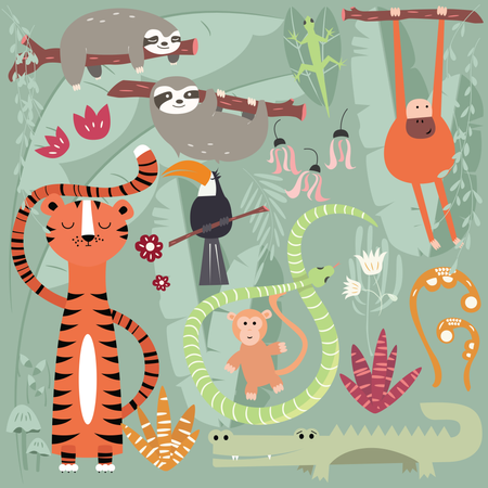 Colección de lindos animales de la selva tropical, tigre, serpiente, perezoso, mono.  Ilustración