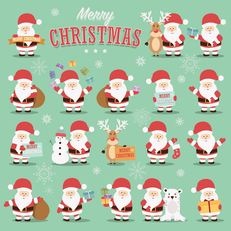 Colección de lindos personajes de Papá Noel con renos, osos, muñecos de nieve y regalos.  Ilustración