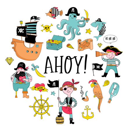 Colección pirata de personajes dibujados a mano  Ilustración