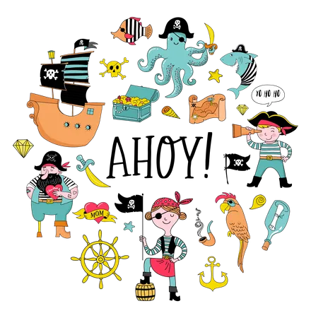 Coleccion Pirata De Personajes E Iconos Dibujados A Mano Fiesta Conceptual De Cumpleanos Ilustración