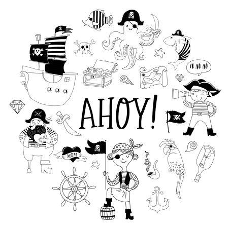 Colección pirata de personajes e íconos dibujados a mano.  Ilustración