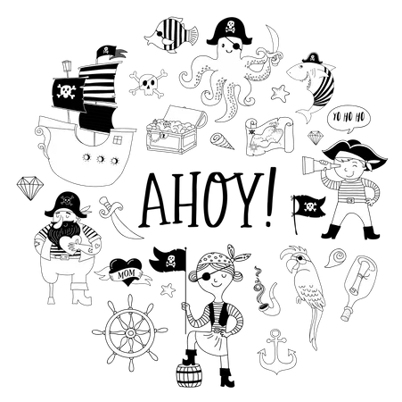Colección pirata de personajes e íconos dibujados a mano.  Ilustración