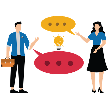 Colega de trabalho conversa com balão de fala em forma de lâmpada comunicando ideias de forma eficaz  Ilustração