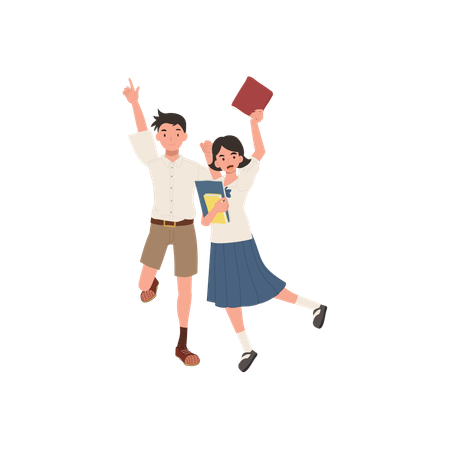 Colegas de classe asiáticos felizes, meninos e meninas, estudantes em uniformes escolares com livros  Ilustração