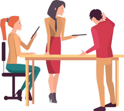 Colegas de equipe discutindo o trabalho uns com os outros  Ilustração