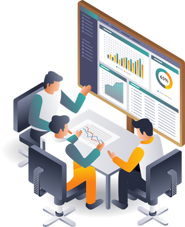 Colegas de trabalho discutindo análise de dados para desenvolvimento de negócios  Ilustração