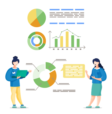 Colegas de trabalho mostrando gráficos e diagramas a bordo  Ilustração