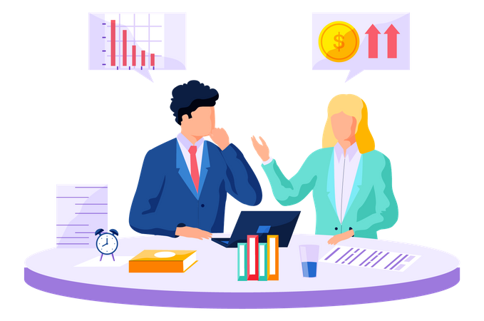 Colegas discutiendo idea de desarrollo empresarial  Ilustración