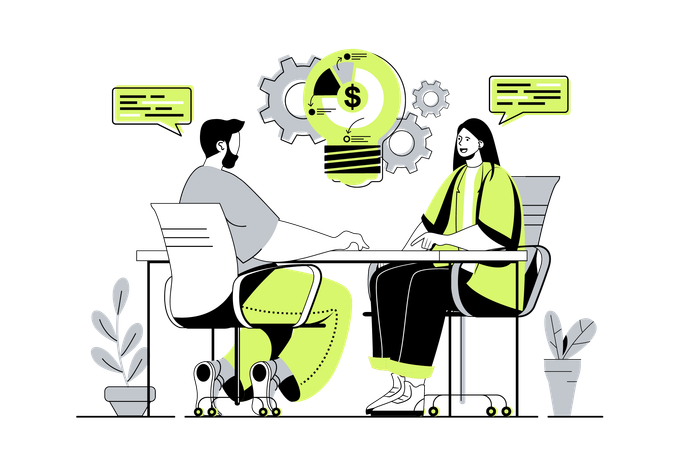 Colegas discutiendo tareas laborales y generando nuevas ideas.  Ilustración