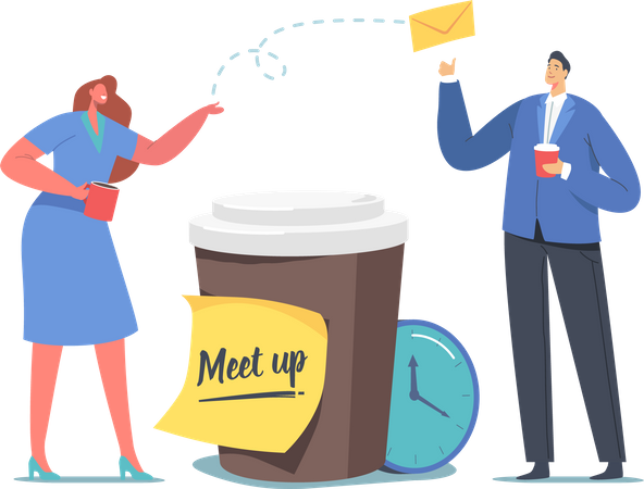 Colegas Meetup, empresários trocam mensagens no Coffee Break  Ilustração