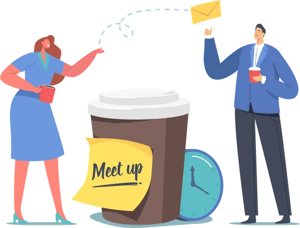 Colegas Meetup, empresários trocam mensagens no Coffee Break  Ilustração