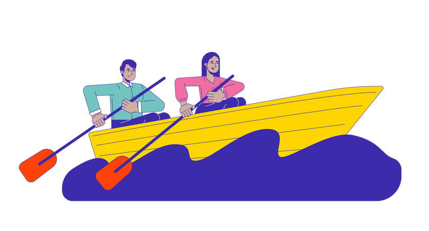 Colegas remando en bote a través del mar agitado  Ilustración
