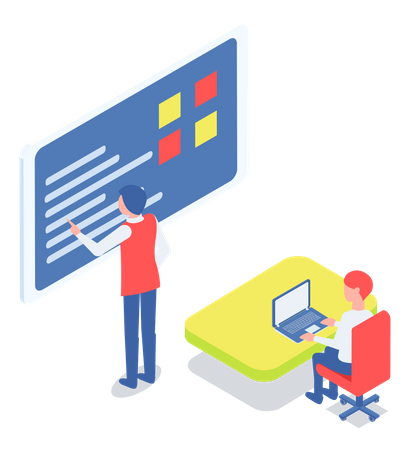 Los colegas trabajan con datos e información.  Ilustración