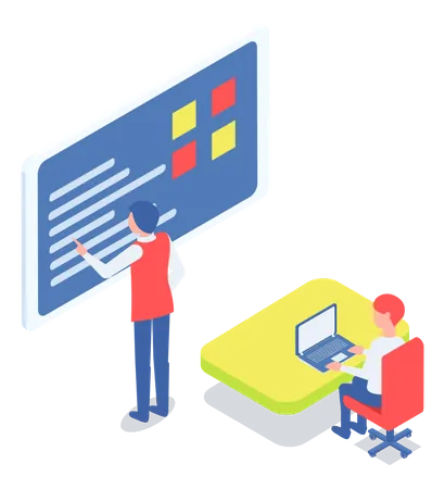 Los colegas trabajan con datos e información.  Ilustración