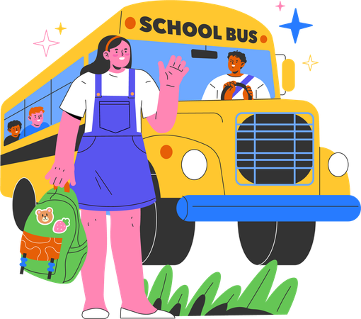 Menina da escola esperando o ônibus escolar  Ilustração