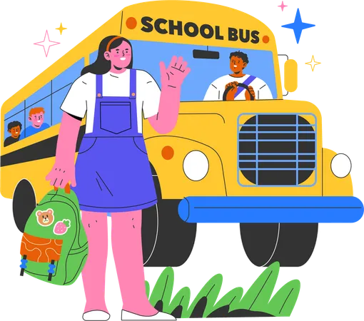 Menina da escola esperando o ônibus escolar  Ilustração