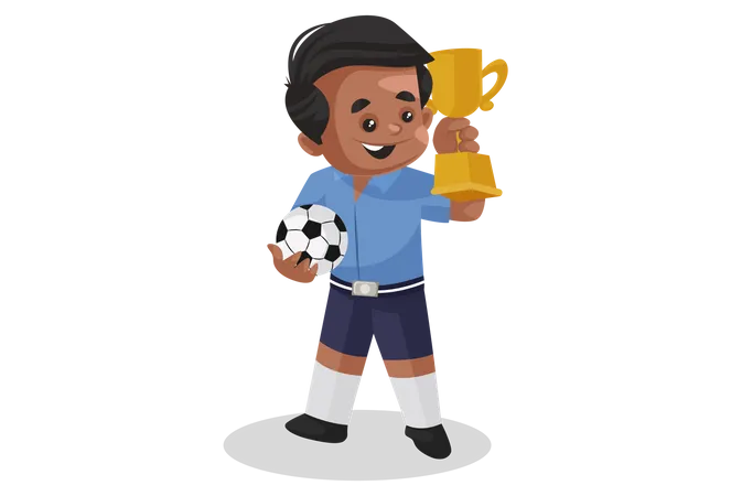 Un escolar gana un trofeo en un torneo de fútbol  Ilustración