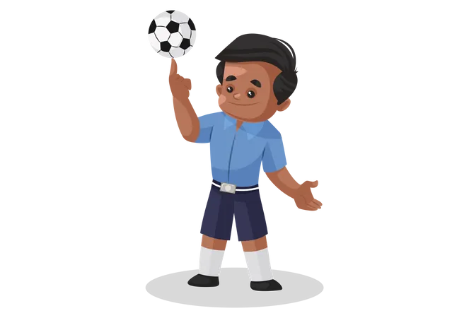 Niño de escuela girando el balón de fútbol en su dedo  Ilustración