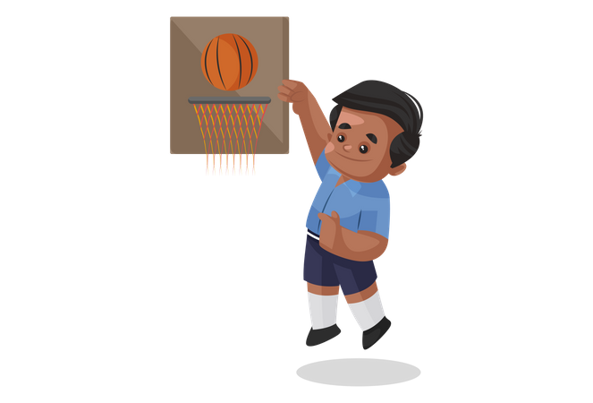 Niño de escuela jugando baloncesto  Ilustración