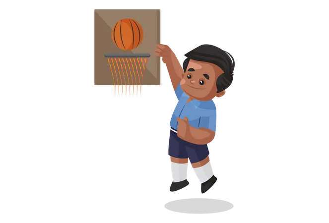 Niño de escuela jugando baloncesto  Ilustración