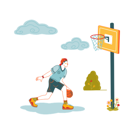 Niño de escuela jugando baloncesto  Ilustración