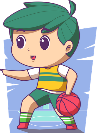 Niño de escuela jugando baloncesto  Ilustración