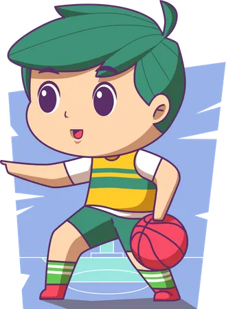 Niño de escuela jugando baloncesto  Ilustración