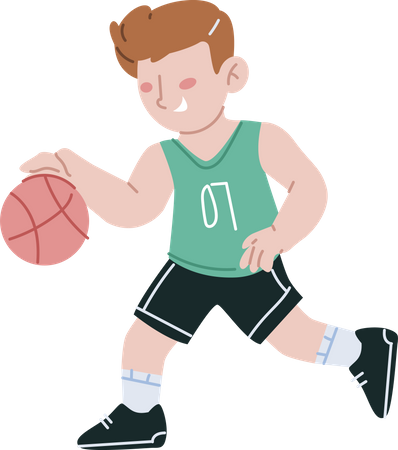 Niño de escuela jugando baloncesto  Ilustración