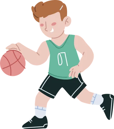 Niño de escuela jugando baloncesto  Ilustración