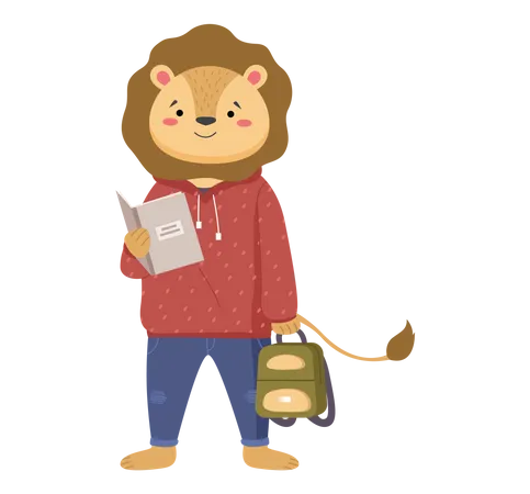 Un colegial león inteligente sosteniendo un libro y una mochila escolar  Ilustración