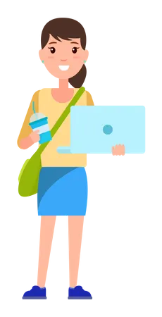 Menina da escola segurando laptop  Ilustração