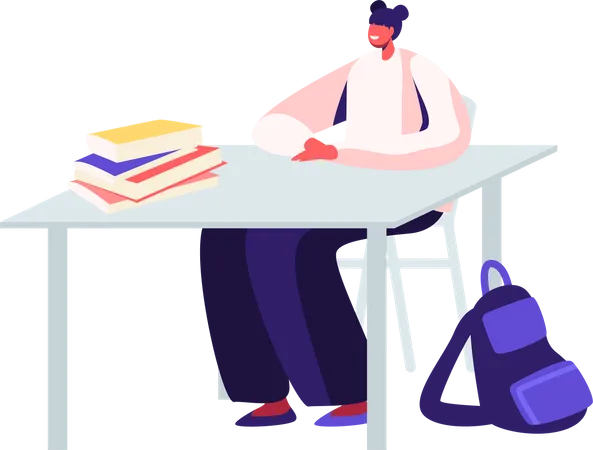 Aluna sentada na mesa com livros didáticos e mochila  Ilustração