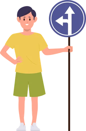 Niño de la escuela sosteniendo la señal de tráfico de vuelta y recta  Ilustración