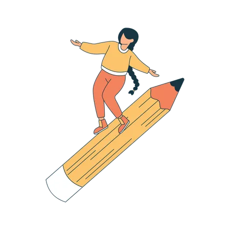 Menina do ensino médio surfando em um lápis gigante  Ilustração