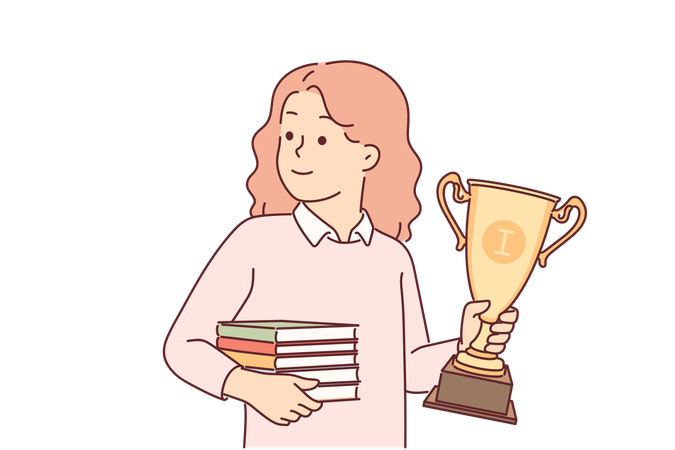 Colegiala con trofeo de copa de oro y libros en las manos  Ilustración