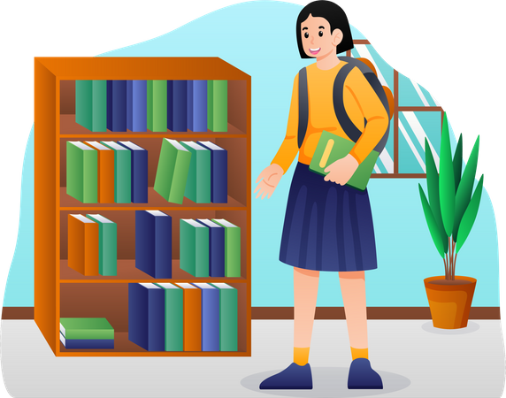 Niña de la escuela en la biblioteca  Ilustración