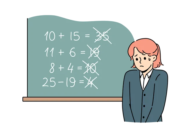 Una colegiala molesta se encuentra cerca de la pizarra y está triste por errores al resolver ejemplos matemáticos  Ilustración