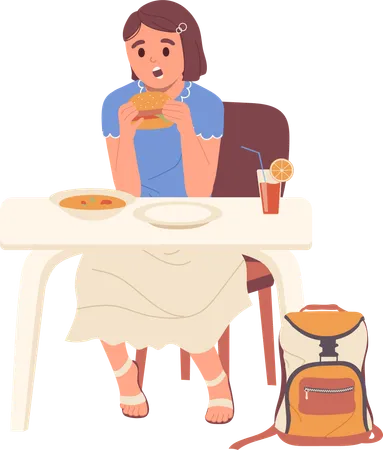 Niña de la escuela rechazando sopa comida saludable eligiendo hamburguesa merienda poco saludable  Ilustración