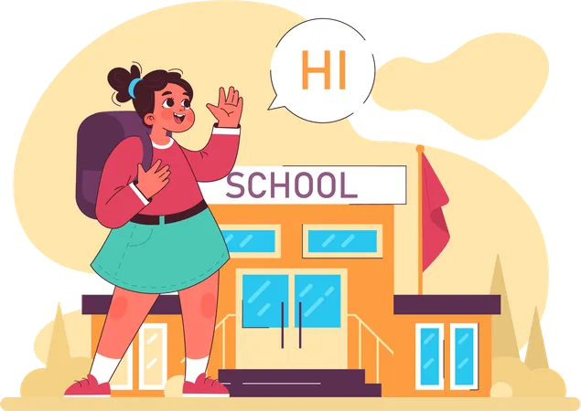 Niña de la escuela saluda  Ilustración