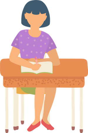 Colegiala sentada junto al escritorio escribiendo en un cuaderno  Ilustración