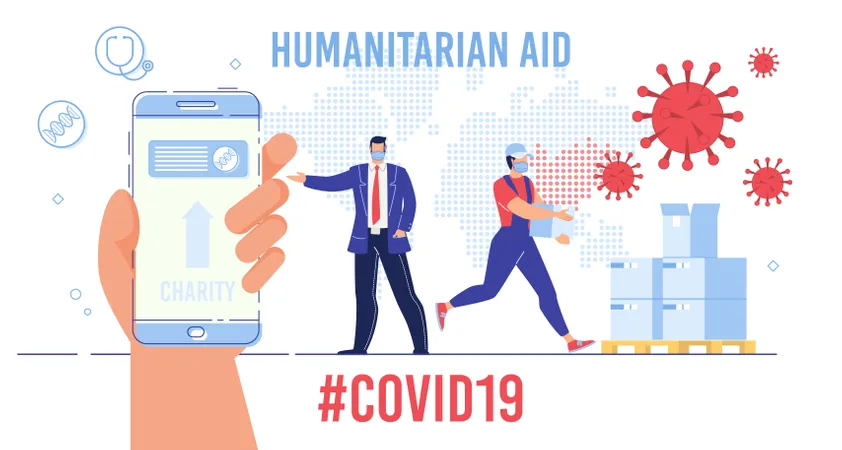 Ajuda e assistência humanitária internacional, arrecadação de fundos de caridade para países afetados pelo coronavírus  Ilustração