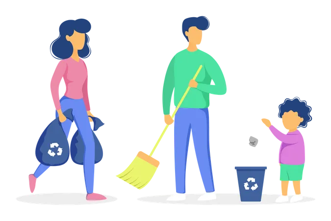 Família coletando resíduos para reciclagem  Illustration