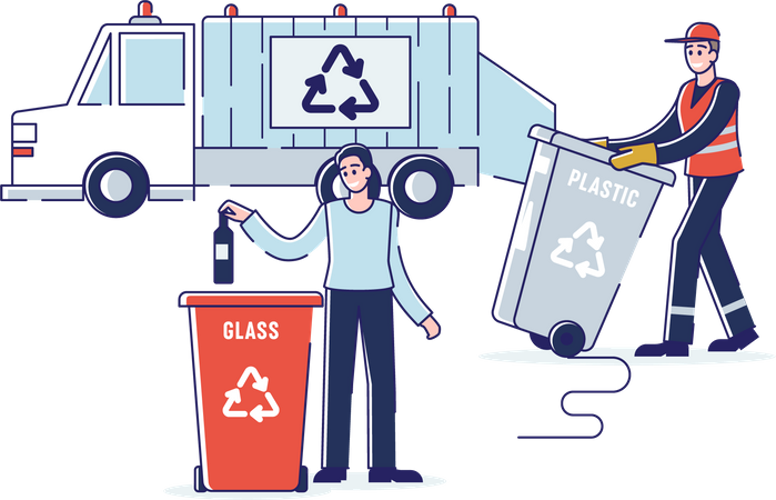Coletor de lixo carregando resíduos em caminhão de lixo  Ilustração