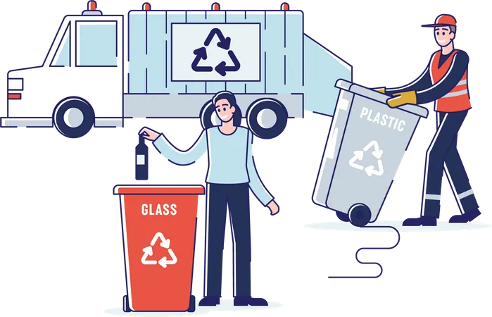 Conceito De Reciclagem E Desperdicio Zero Mulher Esta Classificando Lixo Jogando Garrafa Na Lixeira Coletor De Lixo Carregando Residuos Em Caminhao De Lixo Ilustracao Vetorial Plana Do Contorno Dos Desenhos Animados Ilustração
