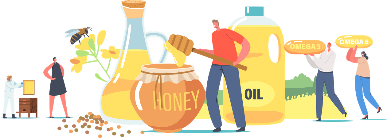 Colheitadeira de mel coletando mel fresco e em jarra  Ilustração