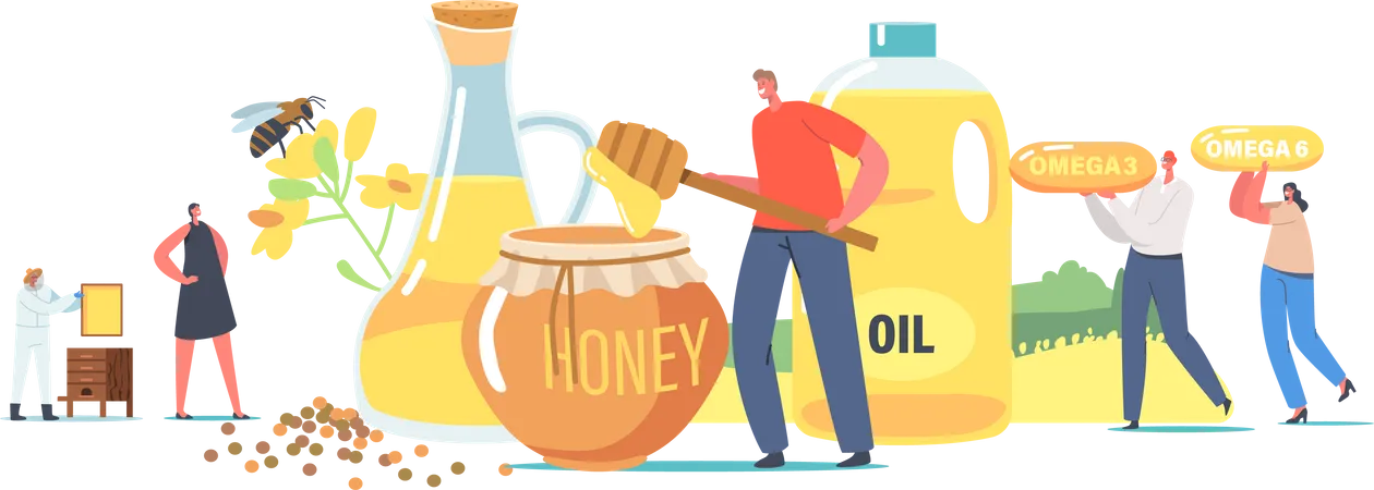 Colheitadeira de mel coletando mel fresco e em jarra  Ilustração