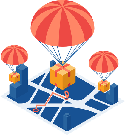 Colis avec parachute sur le plan de la ville  Illustration